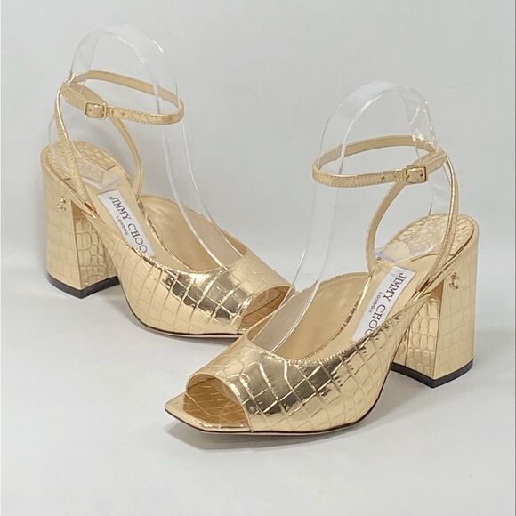 Jimmy Choo Jassidy Croc-Embossed Metallic Leather Sandals size 37.5 - Picture 8 of 15